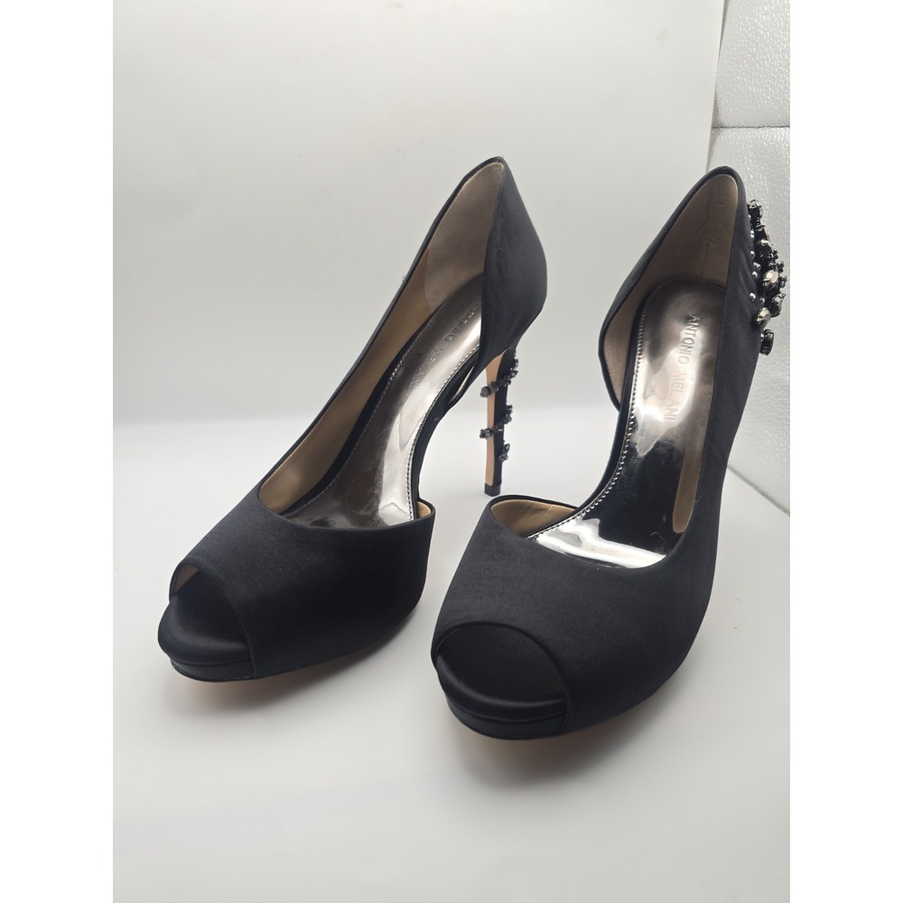 Antonio Melani Shoes Womens 8M Black Satin w Rhinestones Peep Toe Stiletto